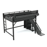 Queen Size Metal Loft Bed with Wardrobe, USB Ports, LED Lights, Pegboard, Storage Shelves, Slide & Safety Guardrails, Black