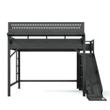 Queen Size Metal Loft Bed with Wardrobe, USB Ports, LED Lights, Pegboard, Storage Shelves, Slide & Safety Guardrails, Black