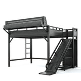 Queen Size Metal Loft Bed with Wardrobe, USB Ports, LED Lights, Pegboard, Storage Shelves, Slide & Safety Guardrails, Black