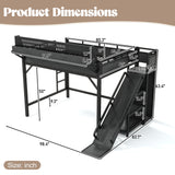 Queen Size Metal Loft Bed with Wardrobe, USB Ports, LED Lights, Pegboard, Storage Shelves, Slide & Safety Guardrails, Black