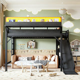 Queen Size Metal Loft Bed with Wardrobe, USB Ports, LED Lights, Pegboard, Storage Shelves, Slide & Safety Guardrails, Black