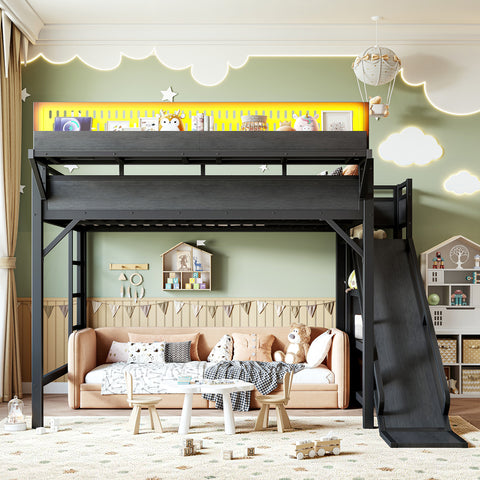 Queen Size Metal Loft Bed with Wardrobe, USB Ports, LED Lights, Pegboard, Storage Shelves, Slide & Safety Guardrails, Black