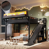 Queen Size Metal Loft Bed with Wardrobe, USB Ports, LED Lights, Pegboard, Storage Shelves, Slide & Safety Guardrails, Black