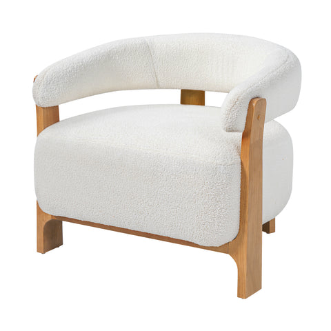 Ergonomic Accent Chair Curved Barrel Chair Single Sofa Chair Upholstered Reading Lounge Armchair, Off-White+Natural