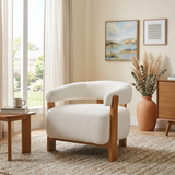 Ergonomic Accent Chair Curved Barrel Chair Single Sofa Chair Upholstered Reading Lounge Armchair, Off-White+Natural