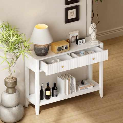 Entryway Console Table Storage Sofa Side Table Display Stand Accent Table with Drawers & Storage Shelf, White