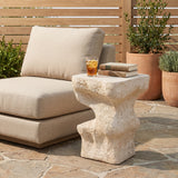 Outdoor Patio MGO Accent Side Table, Abstract Wavy Stone-Look End Table, Sculptural Pedestal Table, Beige