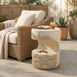 Outdoor Patio Round MGO Accent Side Table, End Table with Open Storage Shelf, Pedestal Table Plant Stand, Beige