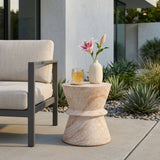 Lightweight Concrete Side Table, Travertine Finish Patio Accent Table, Hourglass End Table Indoor/Outdoor Side Table, Beige