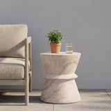 Lightweight Concrete Side Table, Travertine Finish Patio Accent Table, Hourglass End Table Indoor/Outdoor Side Table, Beige