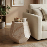 Hexagonal Accent Side Table, Travertine MGO Patio End Table, Lightweight Concrete Side Table, Indoor/Outdoor Use, Beige