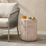 Cylinder Accent Table Side Table, MGO Patio End Table, Lightweight Concrete Round Side Table, Indoor/Outdoor Use, Beige