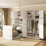 Twin Size Murphy Cabinet Bed with Wardrobe, Shelves & 5-Tier LED Display Shelves, Fold-Down Wall Bed