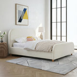 California King Size Upholstered Platform Bed Frame Soft Padded Bed with Curved Headboard, Footboard & Solid Wood Legs, Beige