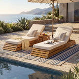 Outdoor Chaise Lounge, Acacia Wood Adjustable Recliner Chair, 3-Position Patio Lounger with 2-Fold Water-Resistant Cushion