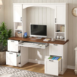 Farmhouse Computer Desk with Hutch, Home Office Workstation with Charging Ports, Keyboard Tray & Drawer, Writing Desk