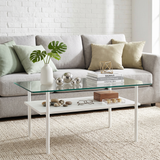 Glass Coffee Table for Living Room, Tempered Glass Top Center Table with Shelf & Metal Legs, Modern Coffee Table+2 End Tables