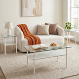 Glass Coffee Table for Living Room, Tempered Glass Top Center Table with Shelf & Metal Legs, Modern Coffee Table+2 End Tables