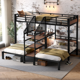 Metal Triple Bunk Bed, Space-Saving Bed with Storage Stairs and Integrated Desk Shelf, Twin over Twin & Twin, Black