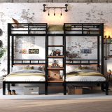 Metal Triple Bunk Bed, Space-Saving Bed with Storage Stairs and Integrated Desk Shelf, Twin over Twin & Twin, Black