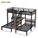 Metal Triple Bunk Bed, Space-Saving Bed with Storage Stairs and Integrated Desk Shelf, Twin over Twin & Twin, Black