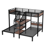 Metal Triple Bunk Bed, Space-Saving Bed with Storage Stairs and Integrated Desk Shelf, Twin over Twin & Twin, Black