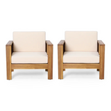 2pcs Outdoor Accent Chairs Acacia Wood Patio Armchairs with Water-Resistant Cushions, Shutter-Style Slat Club Chairs, Teak+Beige