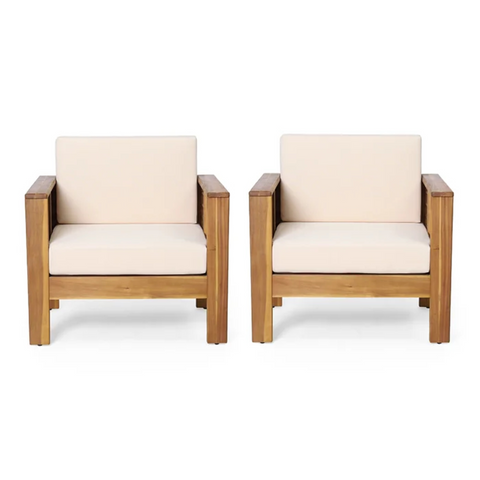 2pcs Outdoor Accent Chairs Acacia Wood Patio Armchairs with Water-Resistant Cushions, Shutter-Style Slat Club Chairs, Teak+Beige