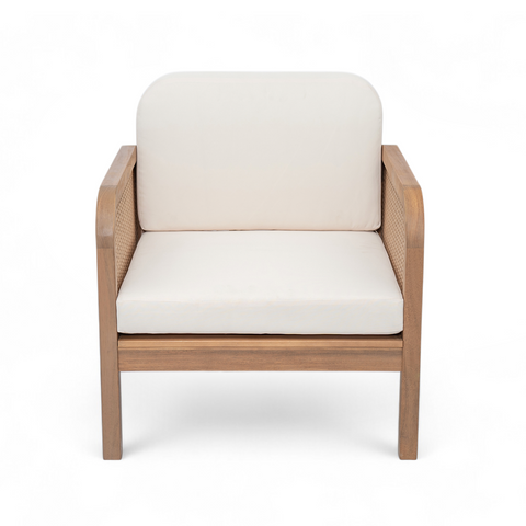 Acacia Wood Outdoor Club Chair, Wicker Patio Armchair with Thick Cushions, Lounge Chair, Light Teak & Beige