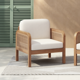 Acacia Wood Outdoor Club Chair, Wicker Patio Armchair with Thick Cushions, Lounge Chair, Light Teak & Beige