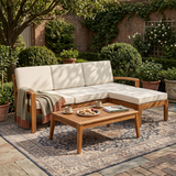 3pcs Patio Conversation Set, Acacia Wood Outdoor Sectional Sofa Set, 3-Seater Couch with Ottoman & Coffee Table, Teak+Beige