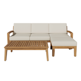 3pcs Patio Conversation Set, Acacia Wood Outdoor Sectional Sofa Set, 3-Seater Couch with Ottoman & Coffee Table, Teak+Beige