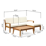 3pcs Patio Conversation Set, Acacia Wood Outdoor Sectional Sofa Set, 3-Seater Couch with Ottoman & Coffee Table, Teak+Beige