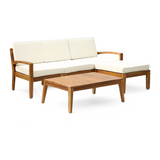 3pcs Patio Conversation Set, Acacia Wood Outdoor Sectional Sofa Set, 3-Seater Couch with Ottoman & Coffee Table, Teak+Beige
