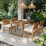 5-Piece Farmhouse Outdoor Patio Dining Set, Acacia Wood Table & 4 Chairs with Removable Cushions for Backyard & Deck