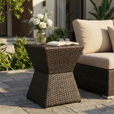 Outdoor Wicker End Table, Geometric PE Rattan Side Table with Iron Frame, Weather-Resistant Accent Table, Brown