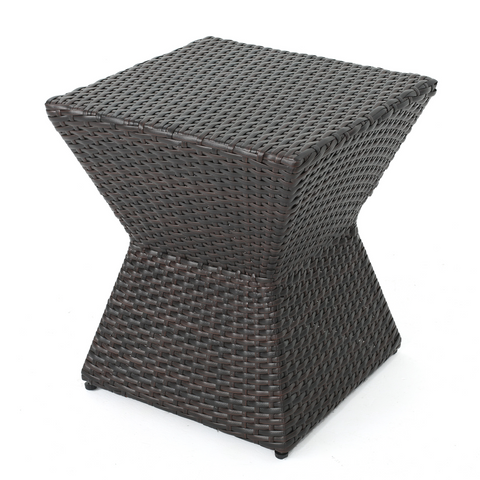 Outdoor Wicker End Table, Geometric PE Rattan Side Table with Iron Frame, Weather-Resistant Accent Table, Brown