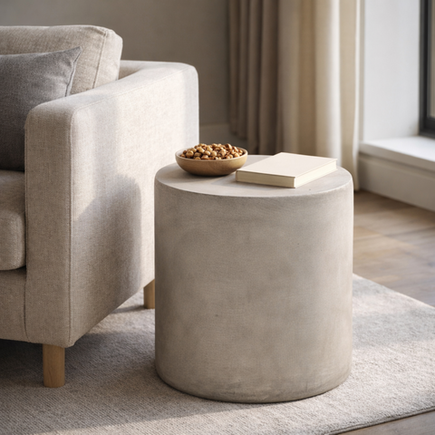 Outdoor Lightweight Concrete Side Table, MGO Cylindrical End Table for Patio & Backyard, Weather-Resistant Accent Table