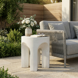 Modern MGO Round Outdoor Side Table, Lightweight Concrete End Table, Minimalist 4-Leg Accent Table, Antique White