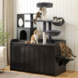 Cat Tree with Litter Box Enclosure & Cabinet, Modern All-in-One Cat Tower with Scratching Posts, Dual Hammocks & Top Perch