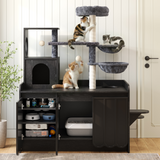 Cat Tree with Litter Box Enclosure & Cabinet, Modern All-in-One Cat Tower with Scratching Posts, Dual Hammocks & Top Perch