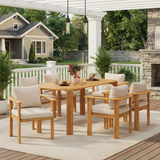 7-Piece Outdoor Dining Set, Acacia Wood Dining Table with 6 Chairs & Cushions, Patio Dining Furniture, Teak+Beige