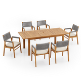 7-Piece Outdoor Acacia Wood Dining Set, Rustic Patio Furniture with Expandable Table, 6 Rope Chairs & Water-Resistant Cushions