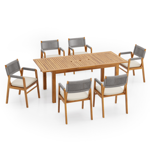 7-Piece Outdoor Acacia Wood Dining Set, Rustic Patio Furniture with Expandable Table, 6 Rope Chairs & Water-Resistant Cushions