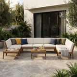 Outdoor Acacia Wood Sectional Sofa Set with 2 Coffee Tables, Modular Patio Conversation Set with Water-Resistant Cushions