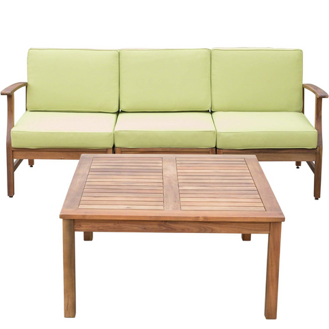 Outdoor Sofa and Coffee Table Set, Acacia Wood Patio Conversation Set with Water-Resistant Cushions