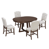 5-Piece Retro Functional Dining Set, Round to Oval Extendable Table with 16" Leaf, 4 Upholstered Chairs