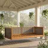 Twin Size Outdoor Porch Swing Bed, Garden Patio Swing Handwoven Rattan Daybed Frame with 7.5ft Hanging Ropes