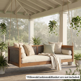 Twin Size Outdoor Porch Swing Bed, Garden Patio Swing Handwoven Rattan Daybed Frame with 7.5ft Hanging Ropes