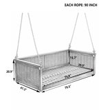 Twin Size Outdoor Porch Swing Bed, Garden Patio Swing Handwoven Rattan Daybed Frame with 7.5ft Hanging Ropes